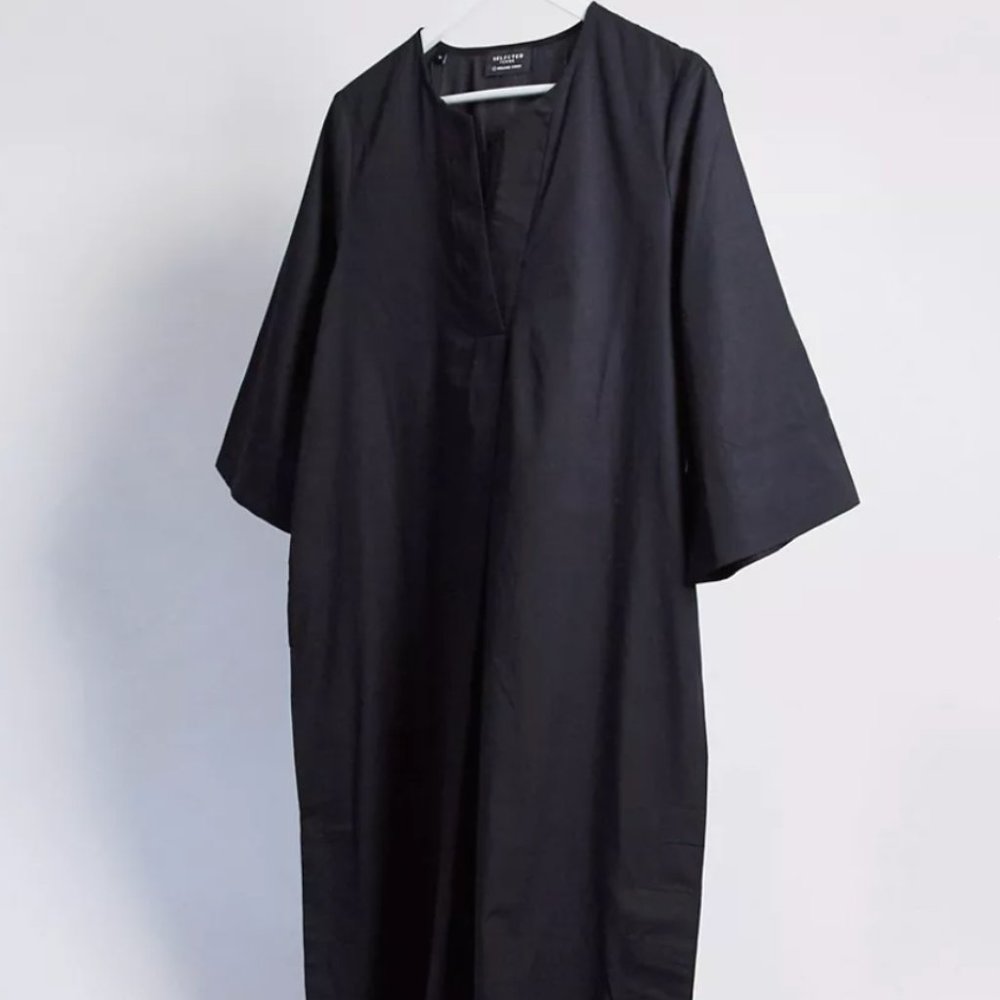 Poplin midi dress with kimono sleeves (black)